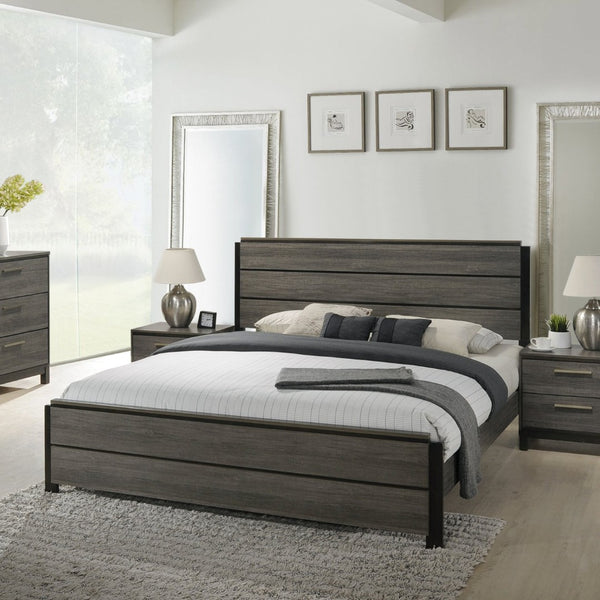 English Elm Ioana Coastal Gray Wood Panel Platform Bed with Planked Inlay for Calm Bedrooms T2574S00347