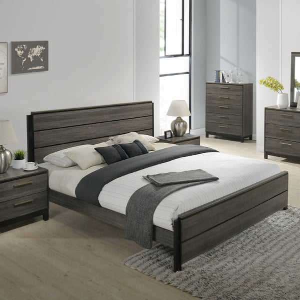 English Elm Ioana Coastal Gray Wood Panel Platform Bed with Planked Inlay for Calm Bedrooms T2574S00347
