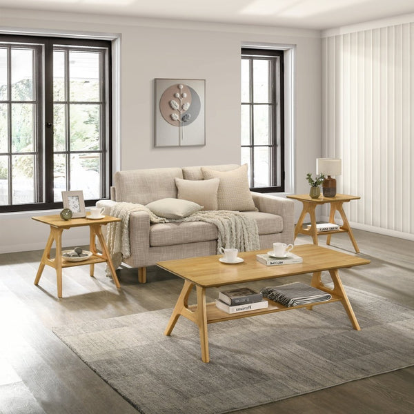 English Elm Arona Sculptural Three Piece Living Room Set with Shelf Rubberwood Legs Warm Veneer Oak T2574S00349