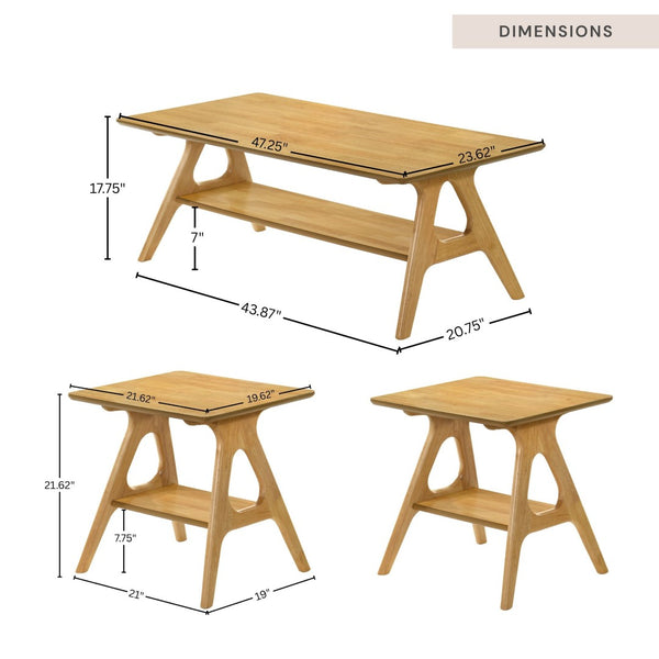 English Elm Arona Sculptural Three Piece Living Room Set with Shelf Rubberwood Legs Warm Veneer Oak T2574S00349