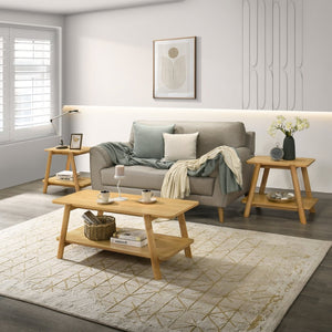 English Elm Metz 3-piece Living Room Table Set Natural Oak Rubberwood Legs Open Shelf Storage T2574S00351