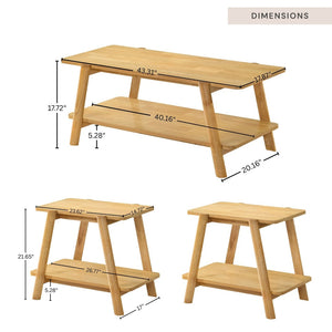 English Elm Metz 3-piece Living Room Table Set Natural Oak Rubberwood Legs Open Shelf Storage T2574S00351