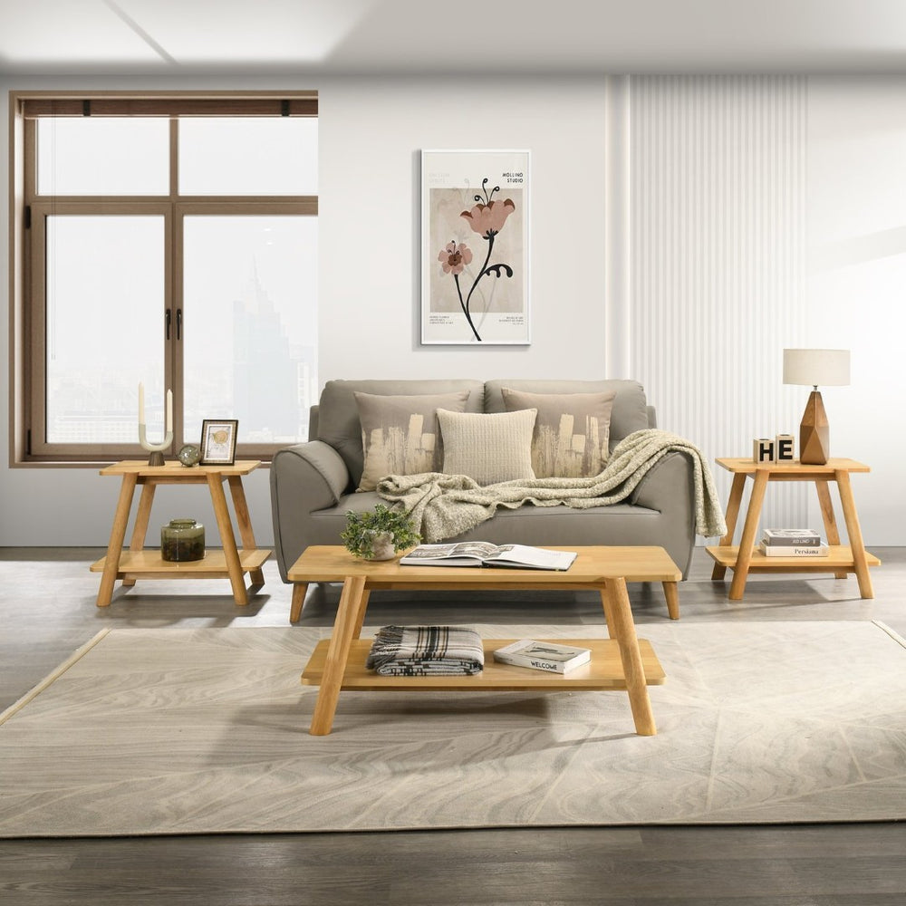 English Elm Metz 3-piece Living Room Table Set Natural Oak Rubberwood Legs Open Shelf Storage T2574S00351