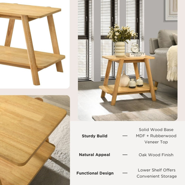 English Elm Metz 3-piece Living Room Table Set Natural Oak Rubberwood Legs Open Shelf Storage T2574S00351