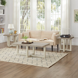 English Elm Anze Oval Wood 3 Piece Living Room Coffee and End Table Set with Open Shelves Weathered Gray and Beige T2574S00352