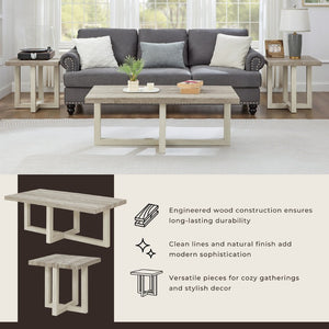 English Elm Anze Oval Wood 3 Piece Living Room Coffee and End Table Set with Open Shelves Weathered Gray and Beige T2574S00352