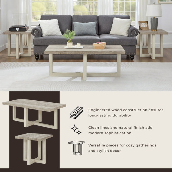 English Elm Anze Oval Wood 3 Piece Living Room Coffee and End Table Set with Open Shelves Weathered Gray and Beige T2574S00352