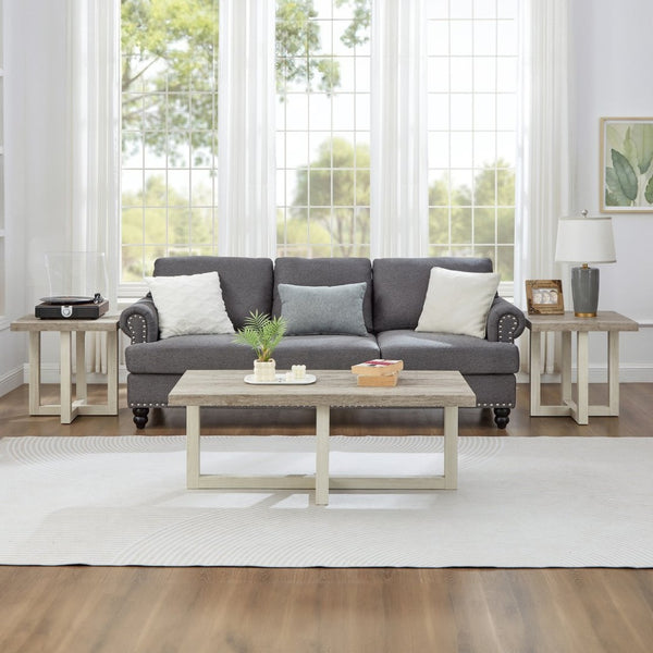 English Elm Anze Oval Wood 3 Piece Living Room Coffee and End Table Set with Open Shelves Weathered Gray and Beige T2574S00352