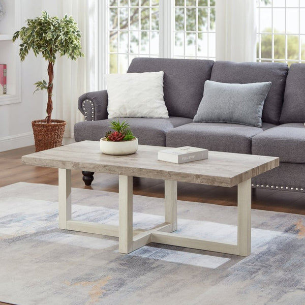 English Elm Anze Oval Wood 3 Piece Living Room Coffee and End Table Set with Open Shelves Weathered Gray and Beige T2574S00352
