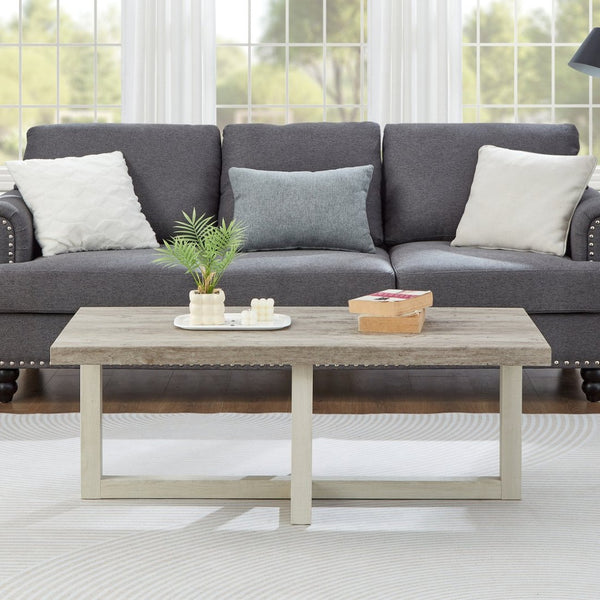 English Elm Anze Oval Wood 3 Piece Living Room Coffee and End Table Set with Open Shelves Weathered Gray and Beige T2574S00352