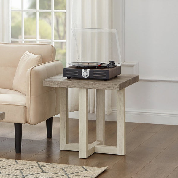 English Elm Anze Oval Wood 3 Piece Living Room Coffee and End Table Set with Open Shelves Weathered Gray and Beige T2574S00352