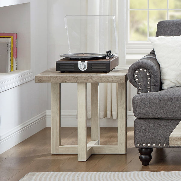 English Elm Anze Oval Wood 3 Piece Living Room Coffee and End Table Set with Open Shelves Weathered Gray and Beige T2574S00352