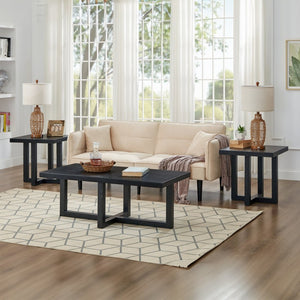 English Elm Anze Oval Wood 3 Piece Living Room Coffee and End Table Set with Open Shelves Black T2574S00353