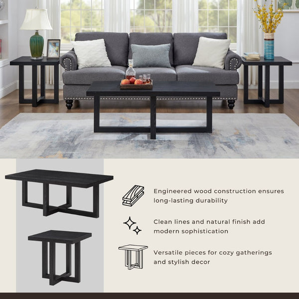 English Elm Anze Oval Wood 3 Piece Living Room Coffee and End Table Set with Open Shelves Black T2574S00353
