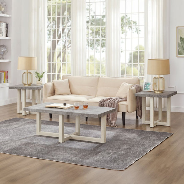 English Elm Anze Oval Wood 3 Piece Living Room Coffee and End Table Set with Open Shelves Faux Concrete and White T2574S00354