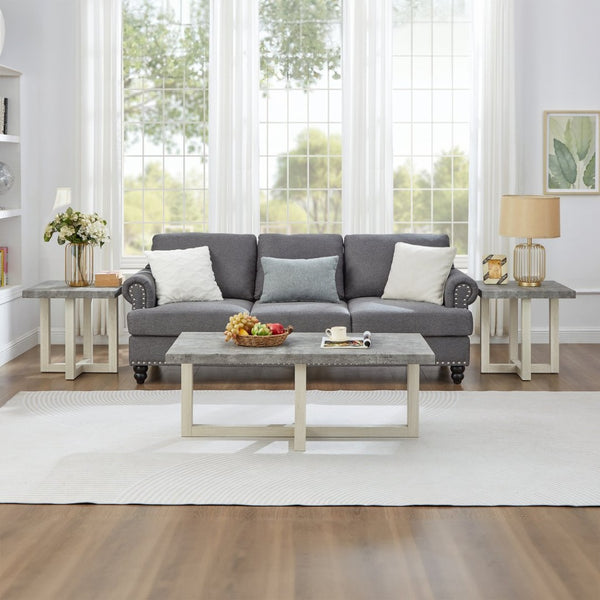 English Elm Anze Oval Wood 3 Piece Living Room Coffee and End Table Set with Open Shelves Faux Concrete and White T2574S00354