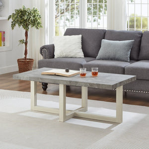 English Elm Anze Oval Wood 3 Piece Living Room Coffee and End Table Set with Open Shelves Faux Concrete and White T2574S00354