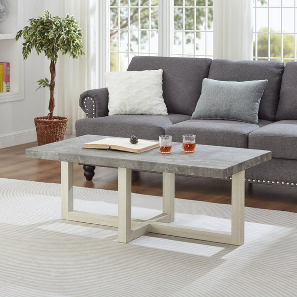 English Elm Anze Oval Wood 3 Piece Living Room Coffee and End Table Set with Open Shelves Faux Concrete and White T2574S00354