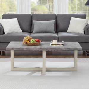 English Elm Anze Oval Wood 3 Piece Living Room Coffee and End Table Set with Open Shelves Faux Concrete and White T2574S00354