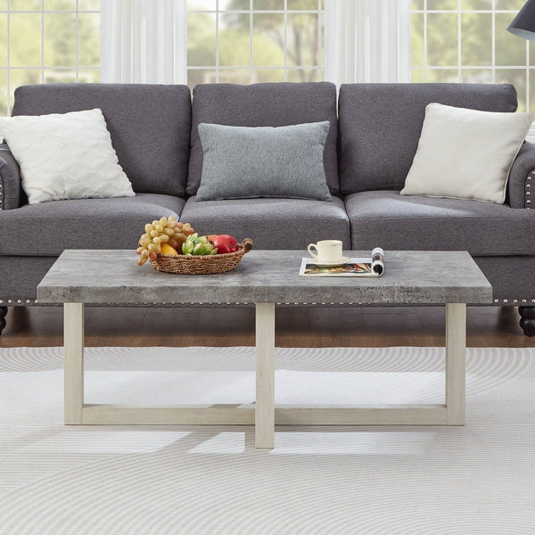 English Elm Anze Oval Wood 3 Piece Living Room Coffee and End Table Set with Open Shelves Faux Concrete and White T2574S00354