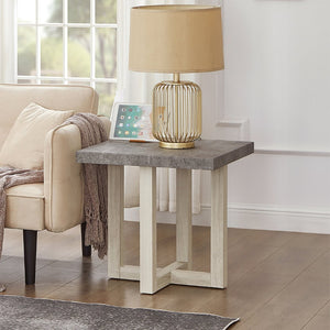 English Elm Anze Oval Wood 3 Piece Living Room Coffee and End Table Set with Open Shelves Faux Concrete and White T2574S00354