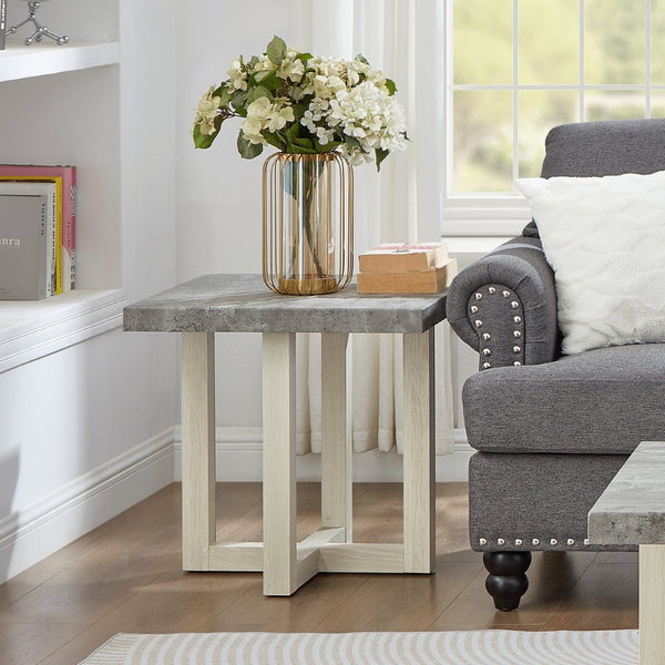 English Elm Anze Oval Wood 3 Piece Living Room Coffee and End Table Set with Open Shelves Faux Concrete and White T2574S00354