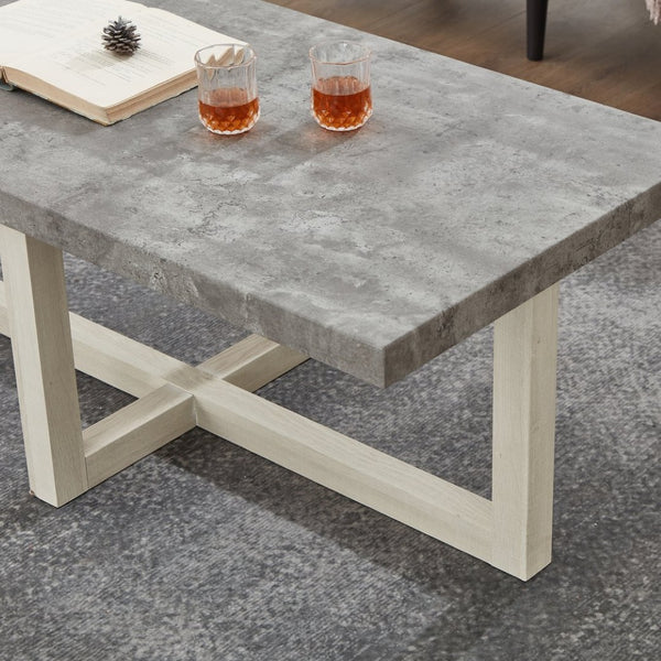 English Elm Anze Oval Wood 3 Piece Living Room Coffee and End Table Set with Open Shelves Faux Concrete and White T2574S00354