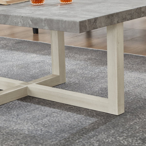 English Elm Anze Oval Wood 3 Piece Living Room Coffee and End Table Set with Open Shelves Faux Concrete and White T2574S00354
