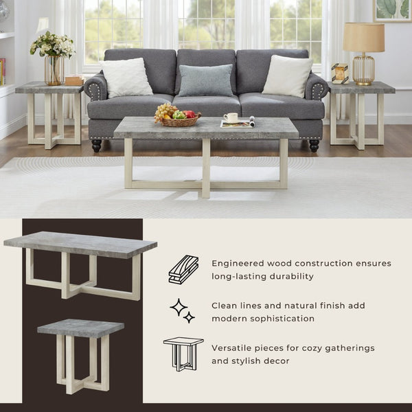 English Elm Anze Oval Wood 3 Piece Living Room Coffee and End Table Set with Open Shelves Faux Concrete and White T2574S00354