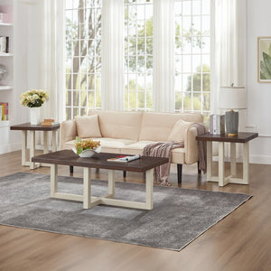 English Elm Anze Oval Wood 3 Piece Living Room Coffee and End Table Set with Open Shelves Walnut and White T2574S00355