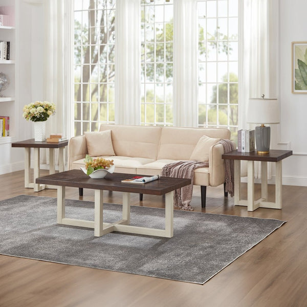 English Elm Anze Oval Wood 3 Piece Living Room Coffee and End Table Set with Open Shelves Walnut and White T2574S00355