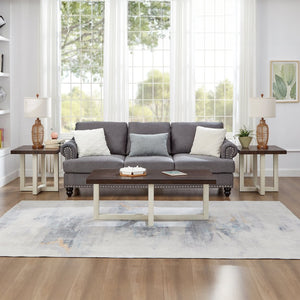 English Elm Anze Oval Wood 3 Piece Living Room Coffee and End Table Set with Open Shelves Walnut and White T2574S00355