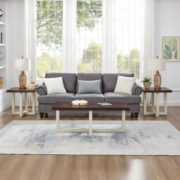 English Elm Anze Oval Wood 3 Piece Living Room Coffee and End Table Set with Open Shelves Walnut and White T2574S00355