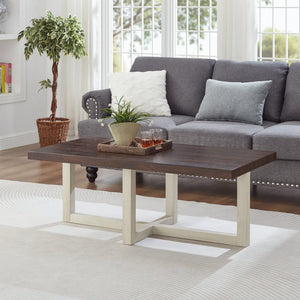 English Elm Anze Oval Wood 3 Piece Living Room Coffee and End Table Set with Open Shelves Walnut and White T2574S00355