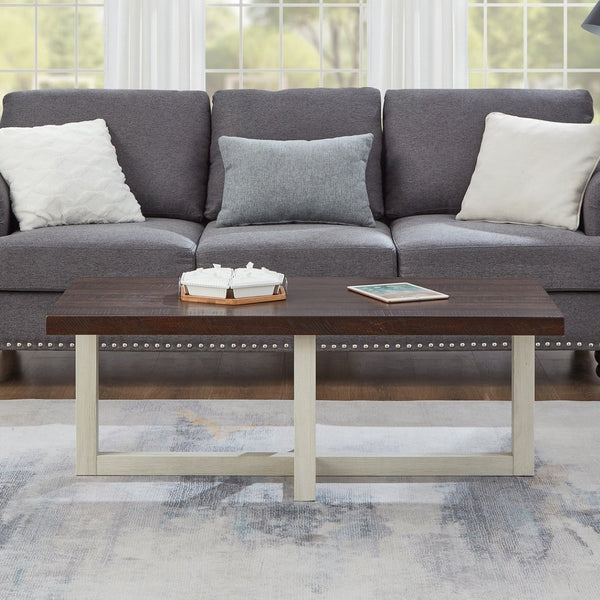 English Elm Anze Oval Wood 3 Piece Living Room Coffee and End Table Set with Open Shelves Walnut and White T2574S00355