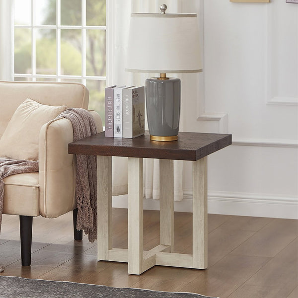 English Elm Anze Oval Wood 3 Piece Living Room Coffee and End Table Set with Open Shelves Walnut and White T2574S00355