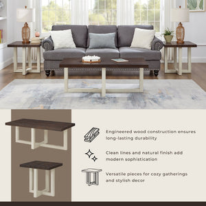 English Elm Anze Oval Wood 3 Piece Living Room Coffee and End Table Set with Open Shelves Walnut and White T2574S00355