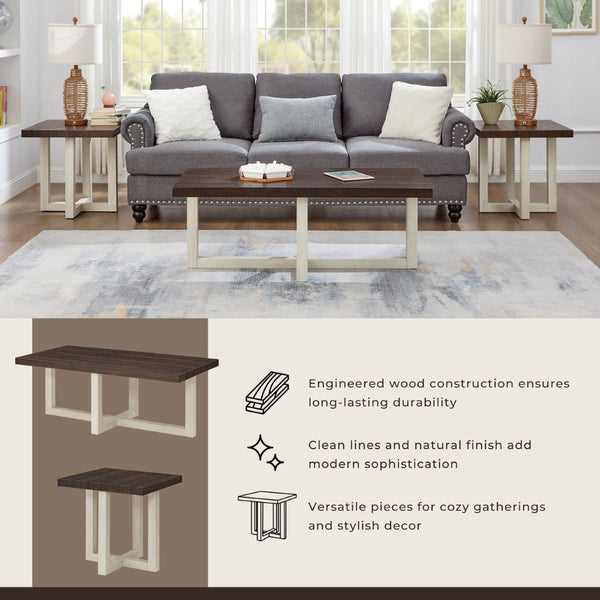 English Elm Anze Oval Wood 3 Piece Living Room Coffee and End Table Set with Open Shelves Walnut and White T2574S00355