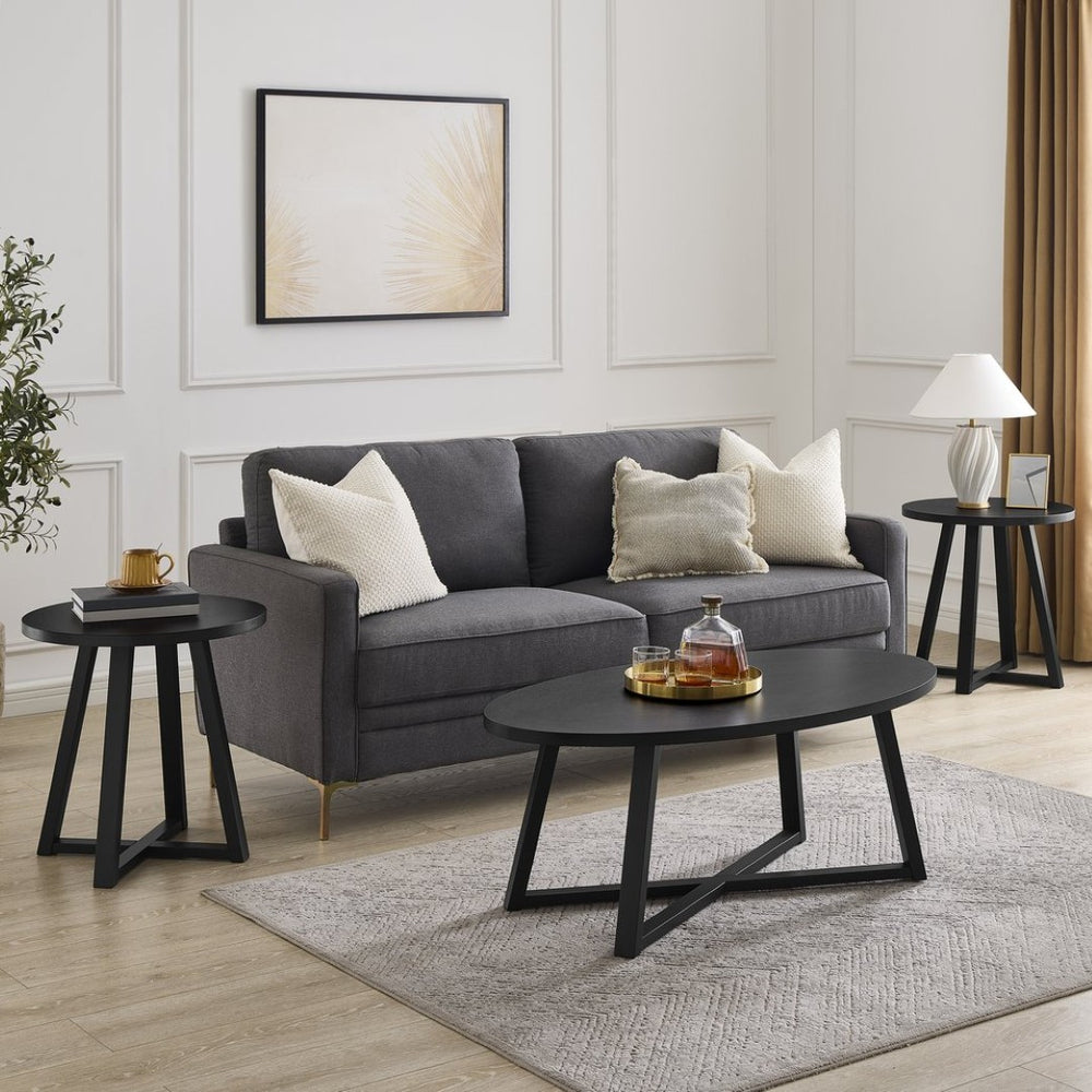 English Elm Modern Harmony Oval Coffee Table Set with Two Round End Tables for Living Rooms Black T2574S00357