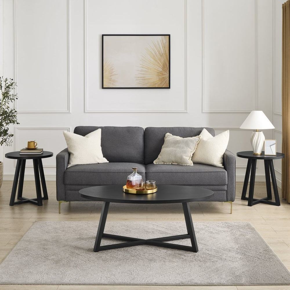 English Elm Modern Harmony Oval Coffee Table Set with Two Round End Tables for Living Rooms Black T2574S00357