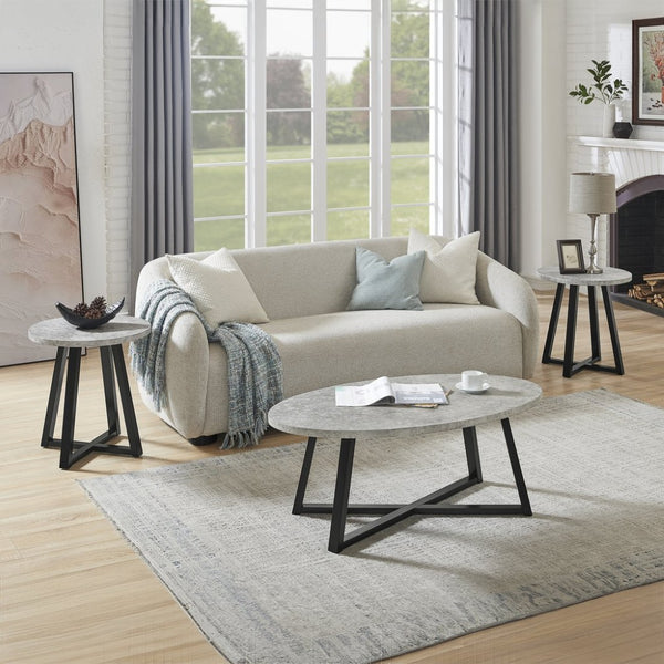 English Elm Modern Harmony Oval Coffee Table Set with Two Round End Tables for Living Rooms Gray T2574S00358