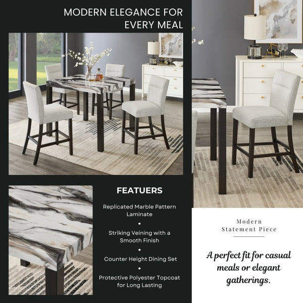 English Elm Cavira Faux Marble 5 Piece Counter Dining Set with Four Gray Upholstered Stools T2574S00360