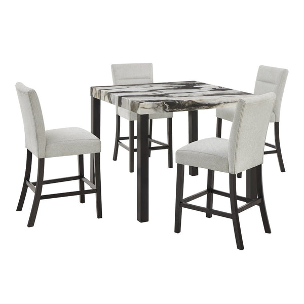 English Elm Cavira Faux Marble 5 Piece Counter Dining Set with Four Gray Upholstered Stools T2574S00360