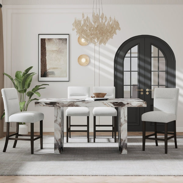 English Elm Cavira Counter Height Faux Marble Dining Set with Pedestal Table and Upholstered Chairs T2574S00362