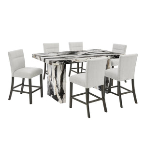 English Elm Cavira Counter Height Faux Marble Dining Set Seats Six with Upholstered Gray Chairs T2574S00363
