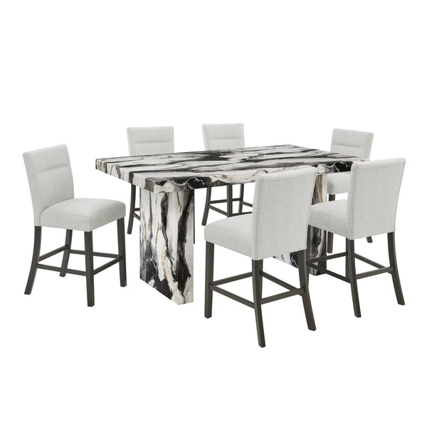 English Elm Cavira Counter Height Faux Marble Dining Set Seats Six with Upholstered Gray Chairs T2574S00363
