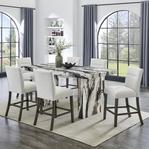 English Elm Cavira Counter Height Faux Marble Dining Set Seats Six with Upholstered Gray Chairs T2574S00363