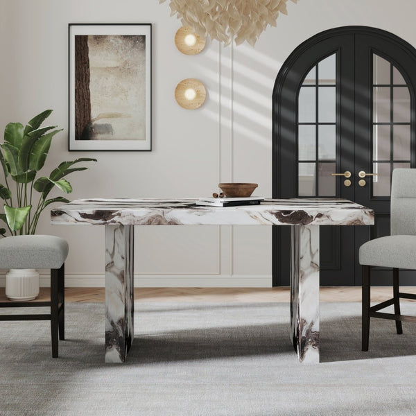 English Elm Cavira Counter Height Faux Marble Dining Set Seats Six with Upholstered Gray Chairs T2574S00363