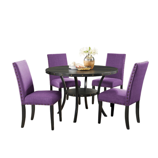 English Elm Biony Espresso Round Dining Set with Brass Nailhead Upholstered Chairs for Four Purple T2574S00366