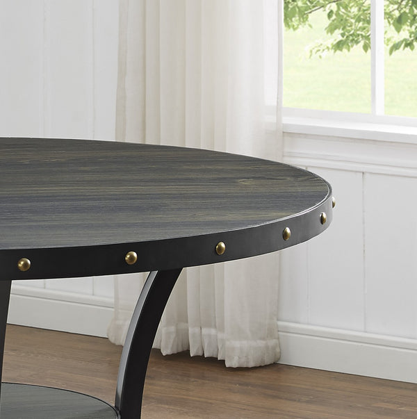 English Elm Biony Espresso Round Dining Set with Brass Nailhead Upholstered Chairs for Four Purple T2574S00366